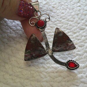 Butterfly CRAZY LACE AGATE & GARNET Handmade Sterling 925 Pendant/Chain #407E